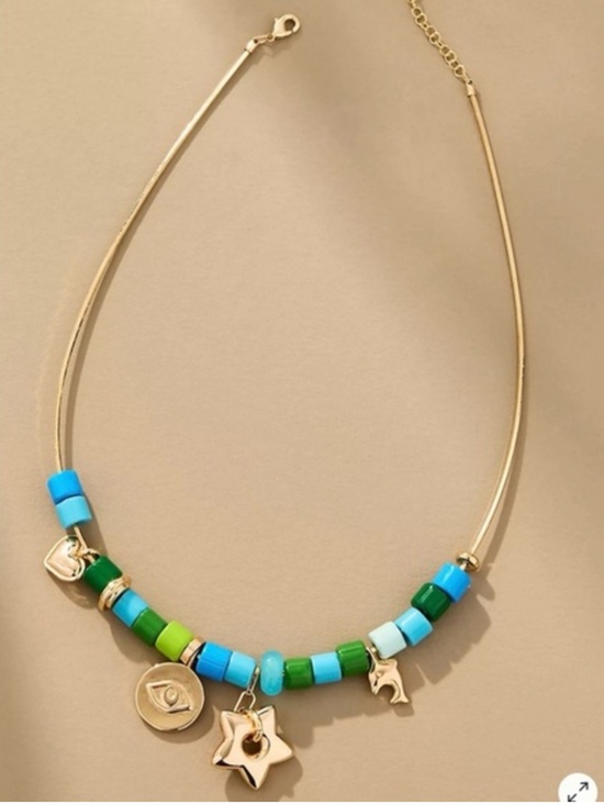 Anthropologie Jewelry - Anthropologie 14k Gold Plated Necklace with Blue and Green Beads and Charms